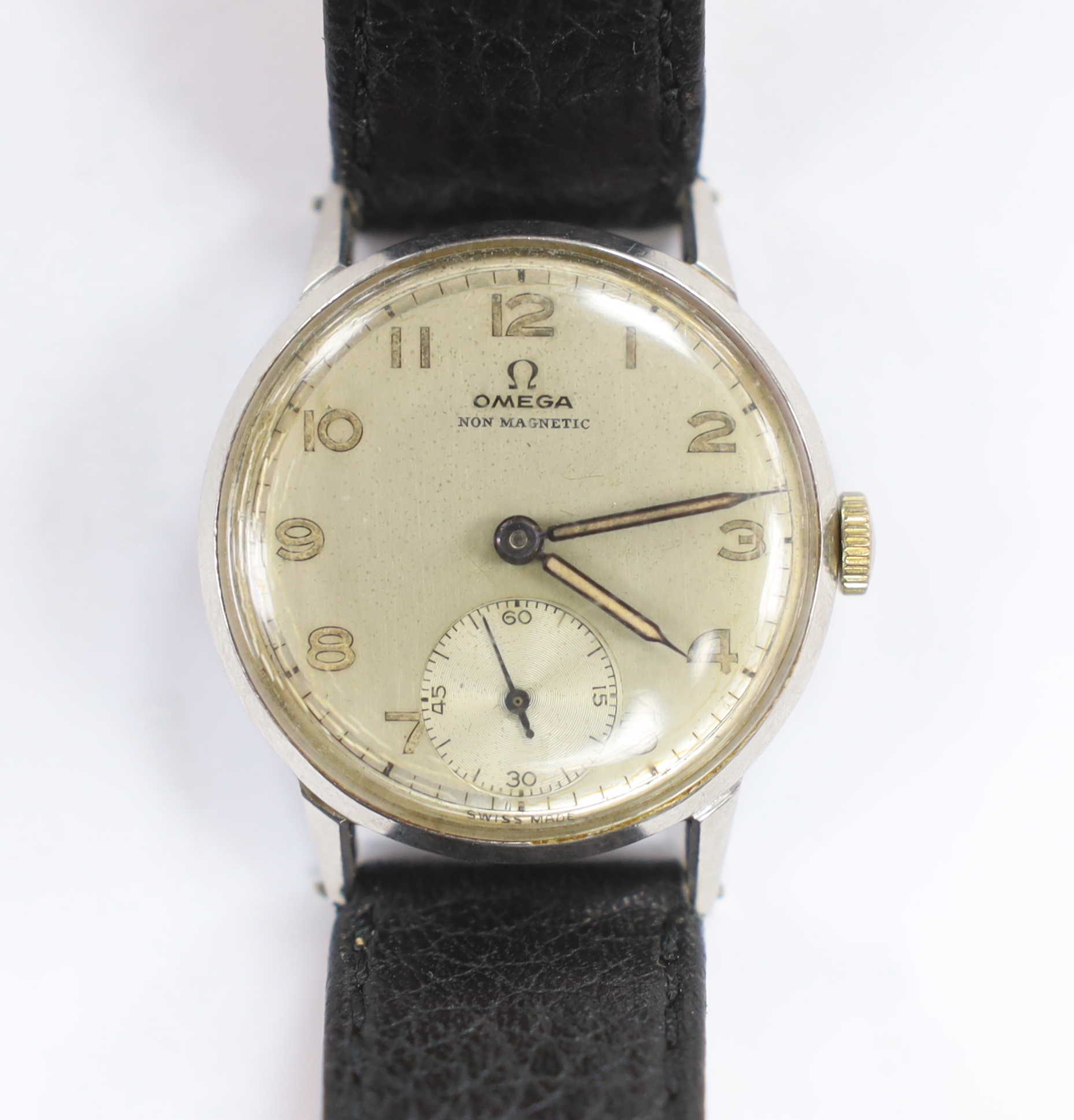 A gentleman's mid 1940's steel Omega non magnetic manual wind wrist watch, movement c.26.5 T3, case diameter 30mm, on associated leather strap.